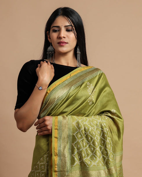 Olive Green Gold Print Chanderi Silk Saree (CHSAR08)
